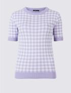 Marks & Spencer Checked Round Neck Half Sleeve Jumper Lilac