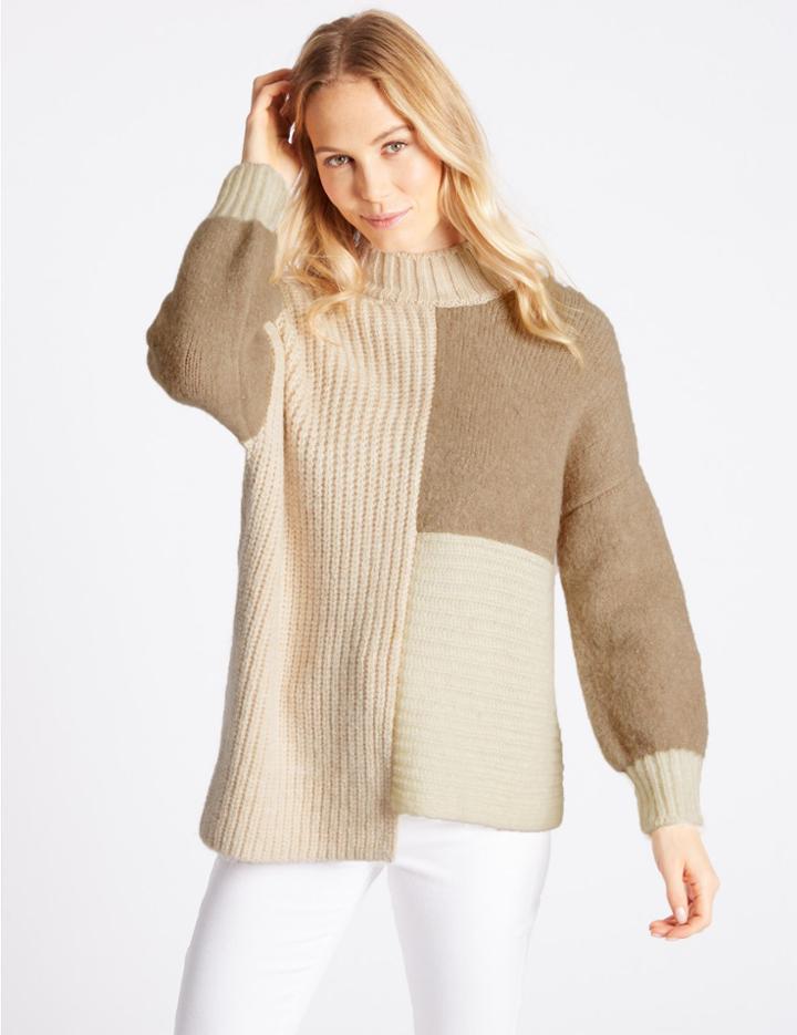 Marks & Spencer Colour Block Turtle Neck Jumper Neutral