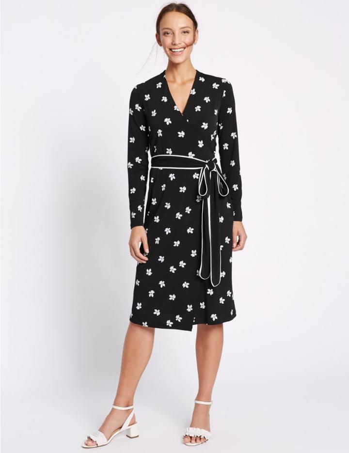 Marks & Spencer Floral Print Wrap Long Sleeve Shift Dress Black Mix
