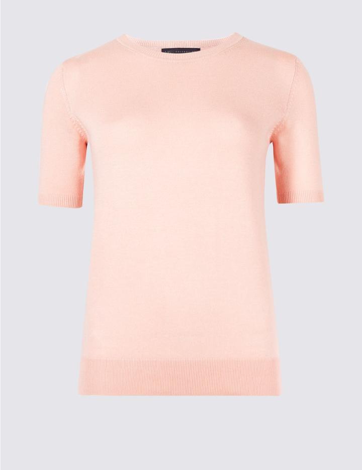 Marks & Spencer Round Neck Short Sleeve Jumper Pale Pink