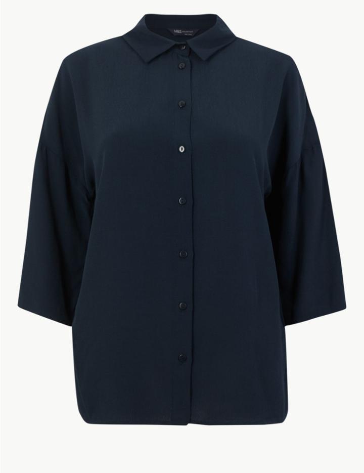 Marks & Spencer Collared Neck 3/4 Sleeve Oversized Shirt Navy