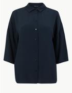 Marks & Spencer Collared Neck 3/4 Sleeve Oversized Shirt Navy