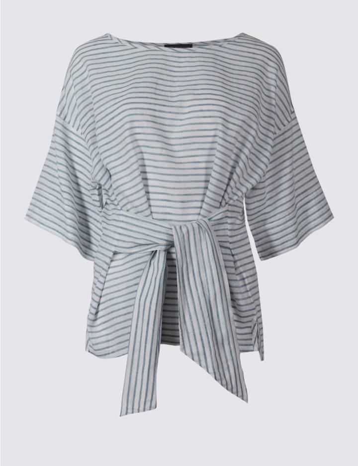 Marks & Spencer Linen Rich Striped Tie Front Shell Top Blue Mix