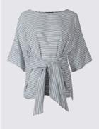 Marks & Spencer Linen Rich Striped Tie Front Shell Top Blue Mix