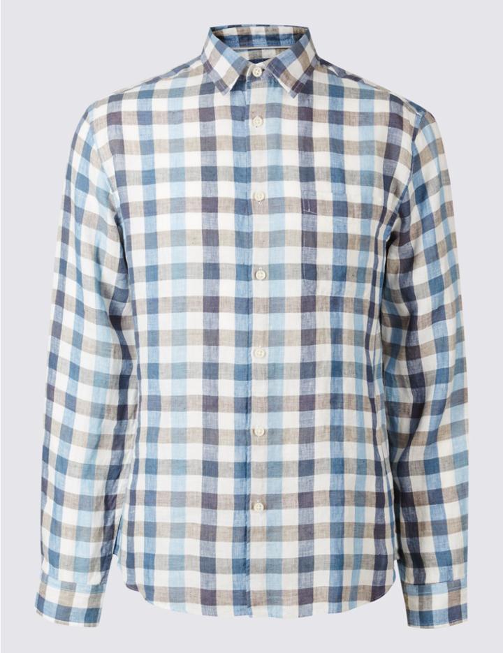 Marks & Spencer Pure Linen Easy Care Slim Fit Shirt Blue Mix