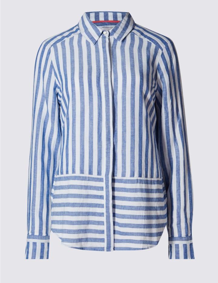 Marks & Spencer Cotton Blend Striped Shirt Blue Mix