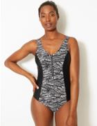 Marks & Spencer Monochrome Print Front Zip-up Plunge Swimsuit Black Mix