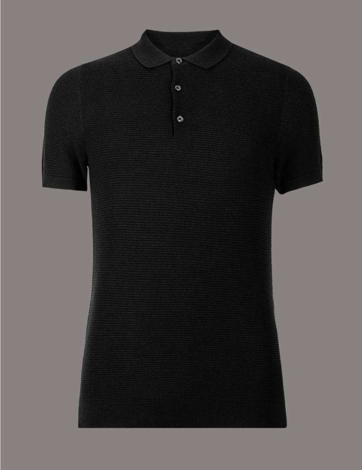 Marks & Spencer Pure Cotton Textured Slim Fit Polo Shirt Navy
