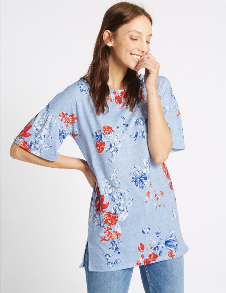 Marks & Spencer Floral Print Round Neck Half Sleeve Tunic Blue Mix