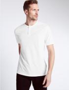 Marks & Spencer Pure Cotton Henley Crew Neck T-shirt White Mix