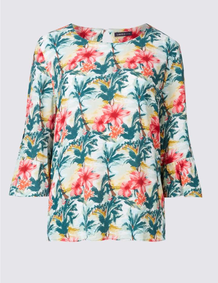 Marks & Spencer Floral Print 3/4 Sleeve Shell Top Green Mix