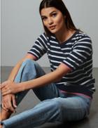 Marks & Spencer Pure Cashmere Striped Short Sleeve Jumper Navy Mix