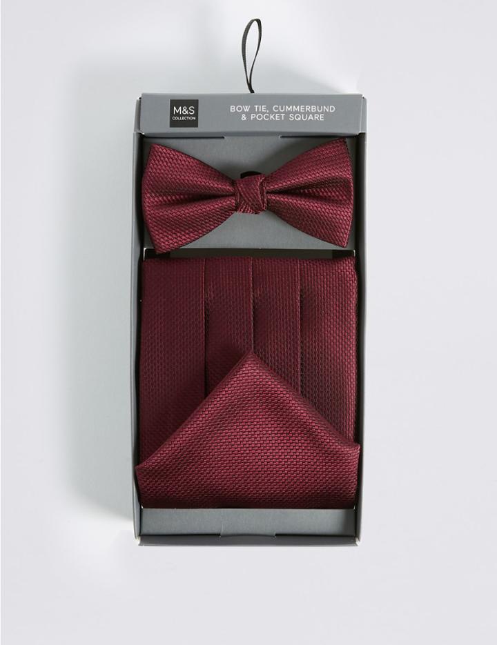 Marks & Spencer 3 Piece Bow Tie, Cummerbunds & Pocket Square Set Burgundy