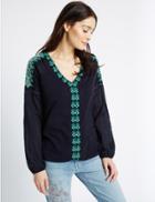 Marks & Spencer Pure Cotton Embroidered Gypsy Top Navy Mix