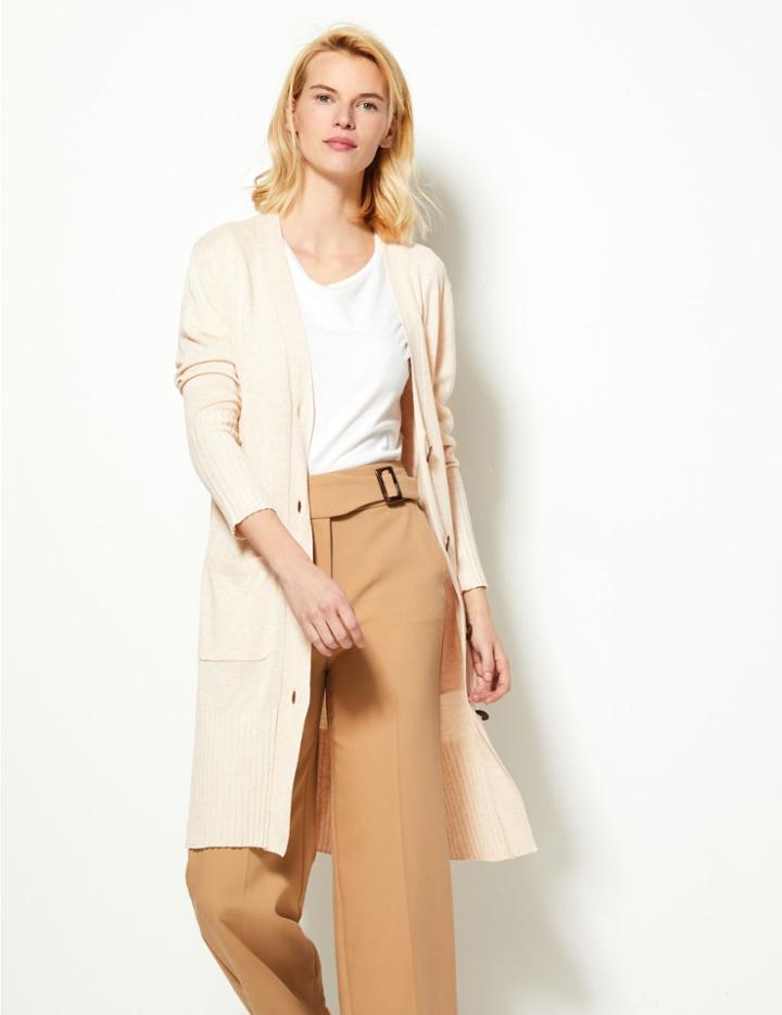 Marks & Spencer V-neck Longline Long Sleeve Cardigan Oatmeal