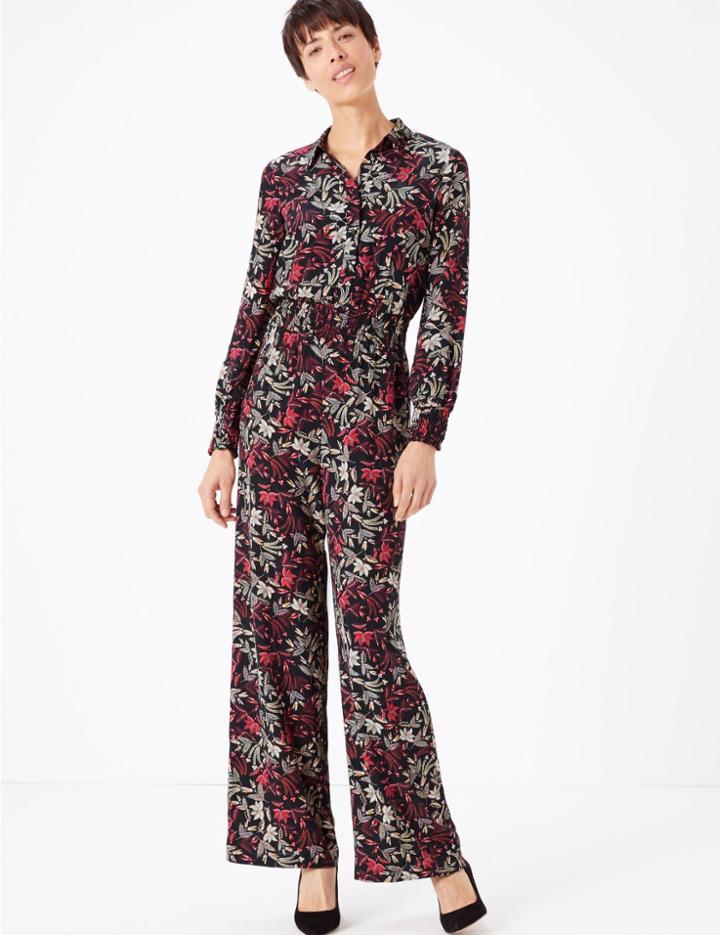 Marks & Spencer Floral Print Waisted Jumpsuit Black Mix