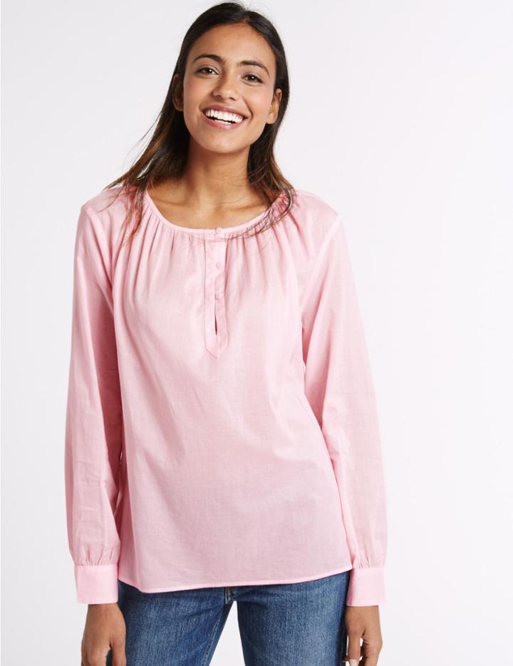 Marks & Spencer Pure Cotton Round Neck Long Sleeve Blouse Light Pink