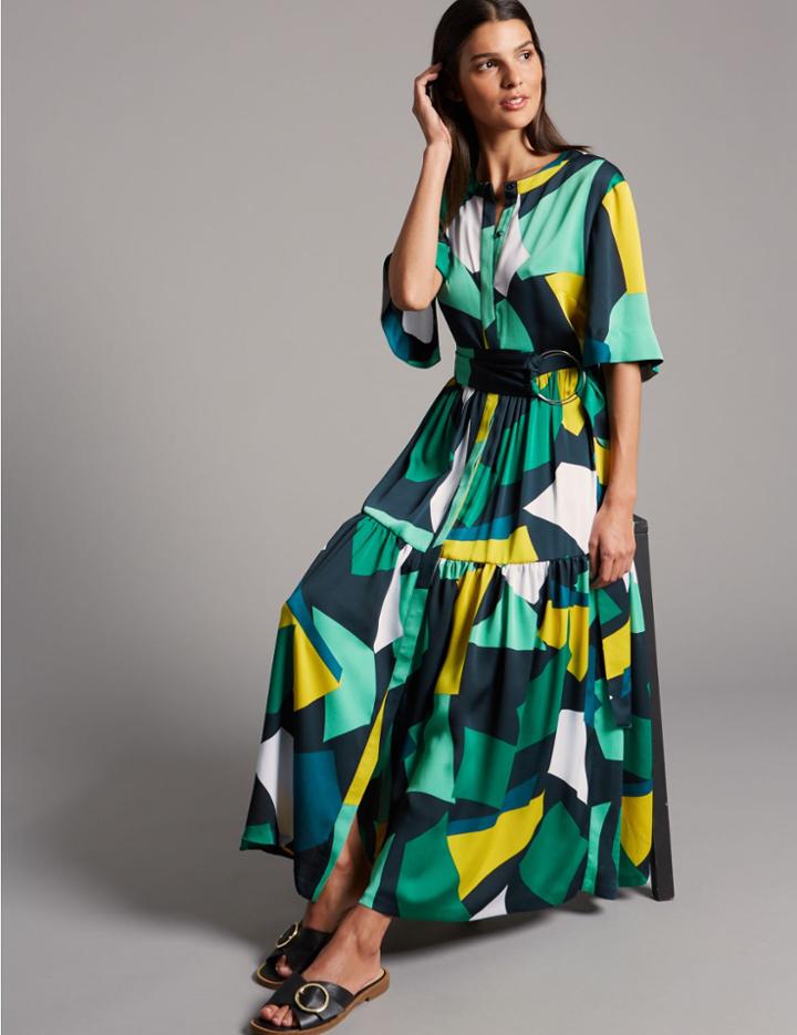Marks & Spencer Geometric Print Half Sleeve Maxi Dress Green Mix