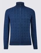 Marks & Spencer Cotton Rich Cable Knit Zip Through Cardigan Blue Mix