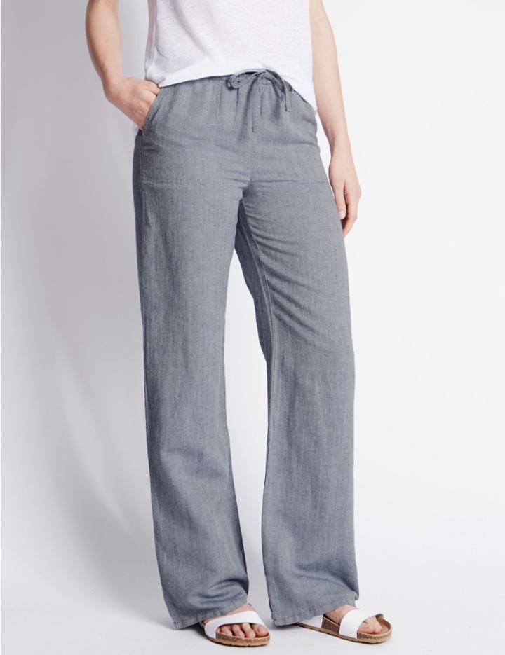 Marks & Spencer Linen Blend Herringbone Wide Leg Trousers Chambray