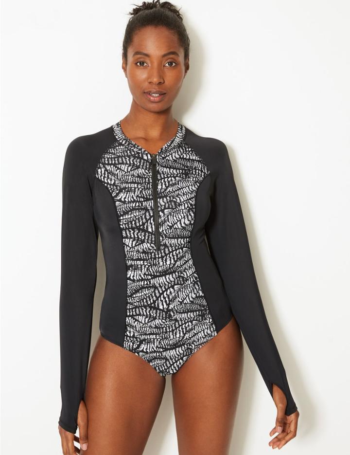 Marks & Spencer Monochrome Print High Neck Swimsuit Black Mix