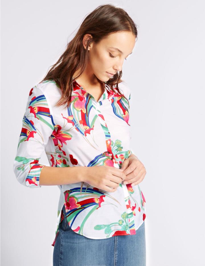 Marks & Spencer Cotton And Silk Blend Floral Print Shirt Ivory Mix