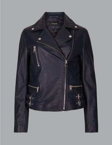 Marks & Spencer Leather Biker Jacket Dark Navy