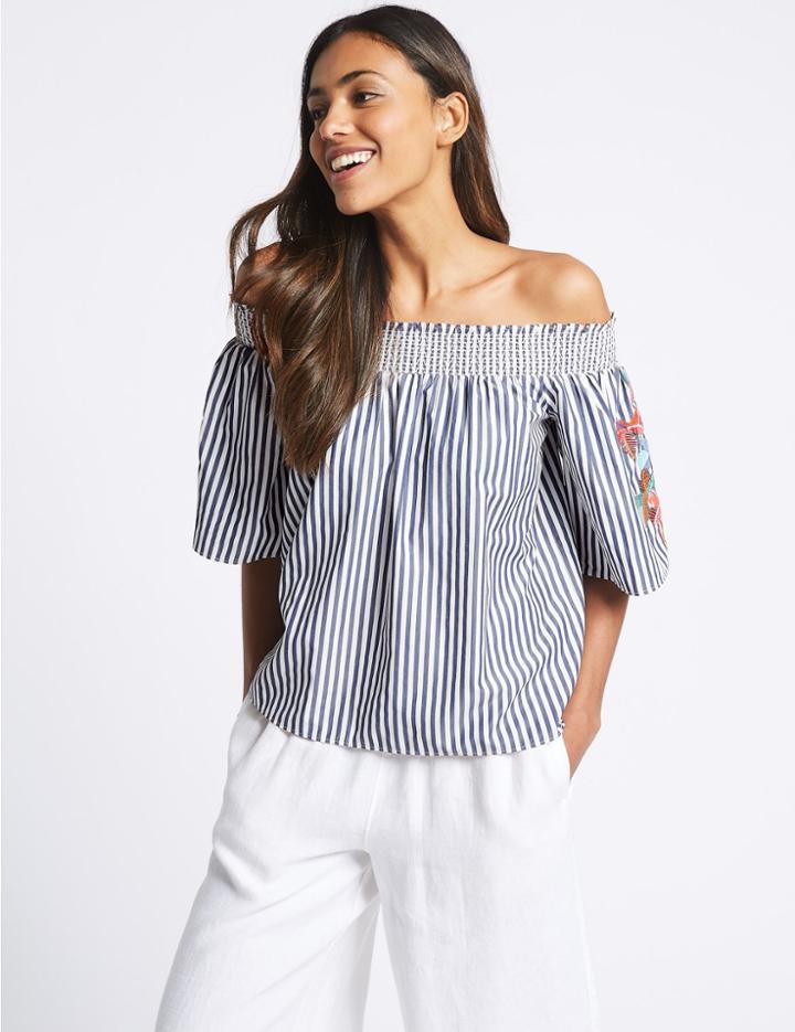 Marks & Spencer Striped Embroidered Sleeve Bardot Top Navy Mix