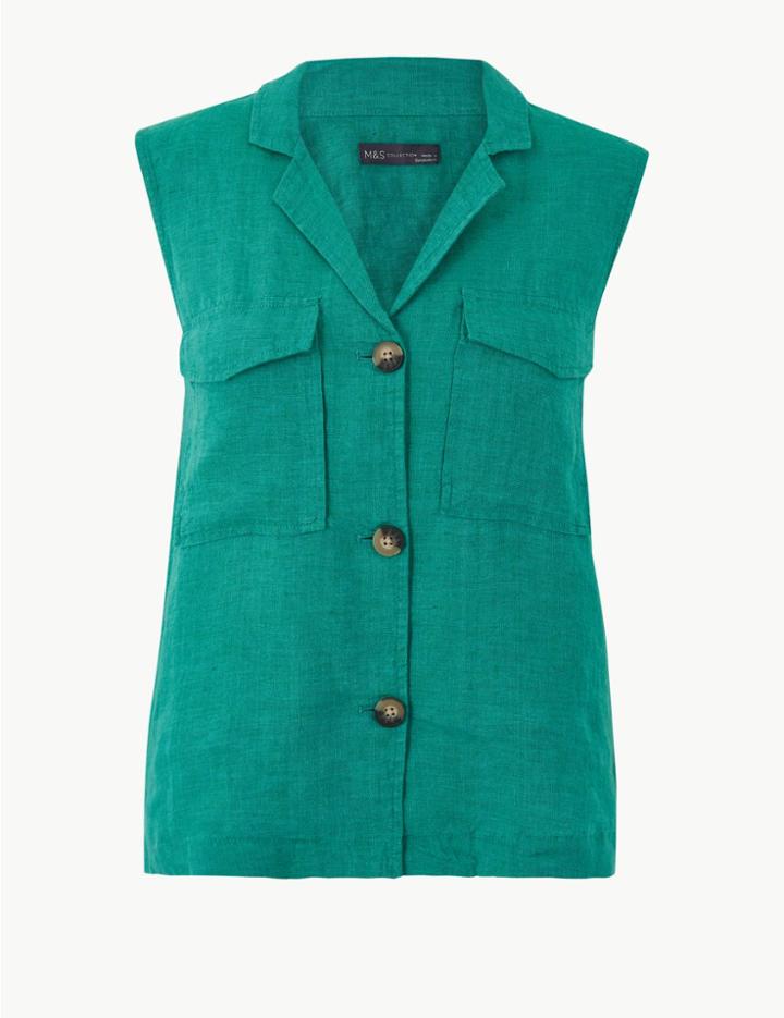 Marks & Spencer Pure Linen Button Detailed Shirt Lagoon