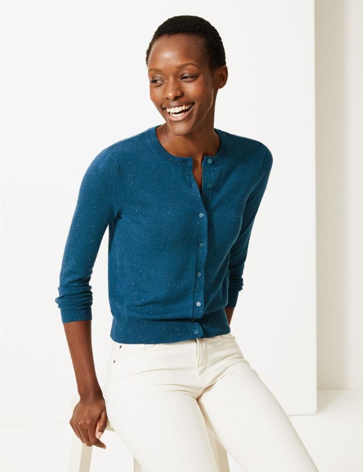 Marks & Spencer Nep Crew Cardigan Teal Mix