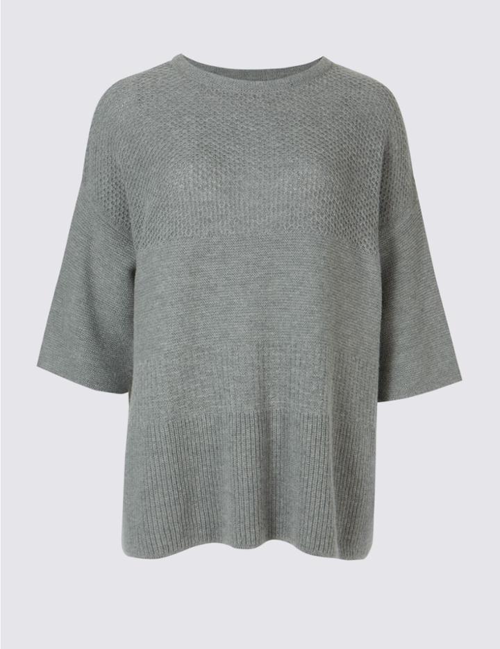 Marks & Spencer Wool Rich Textured Round Neck Jumper Grey Marl