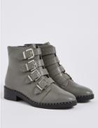 Marks & Spencer Leather Block Heel Multi Buckle Ankle Boots Grey