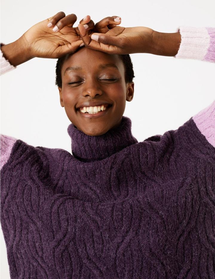 Marks & Spencer Cable Knit Colour Block Roll Neck Jumper Purple Mix