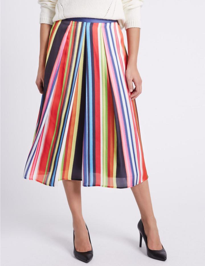 Marks & Spencer Striped Below The Knee A-line Skirt Multi