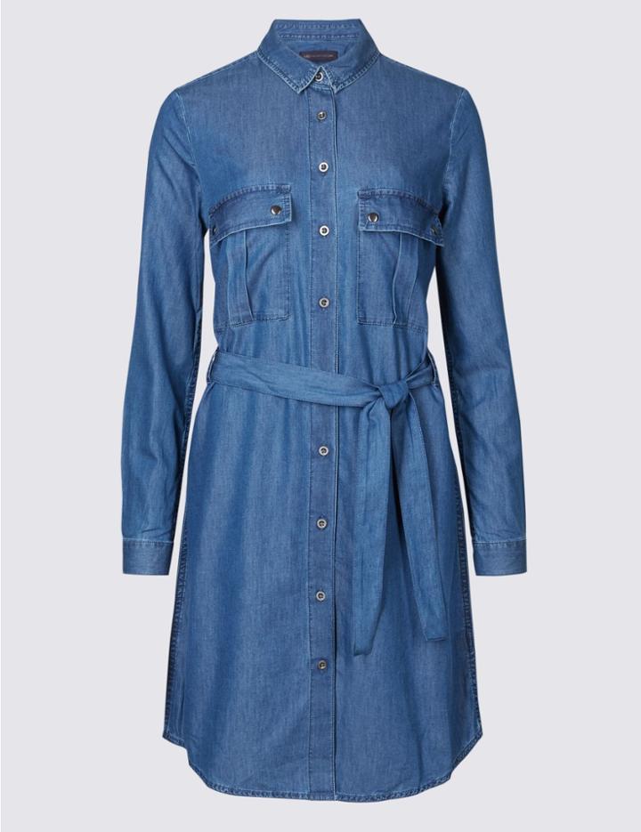 Marks & Spencer Petite Shirt Midi Dress With Belt Denim