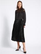 Marks & Spencer Velvet Pleated A-line Midi Skirt Black