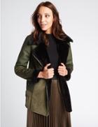 Marks & Spencer Faux Leather Shearling Jacket Khaki