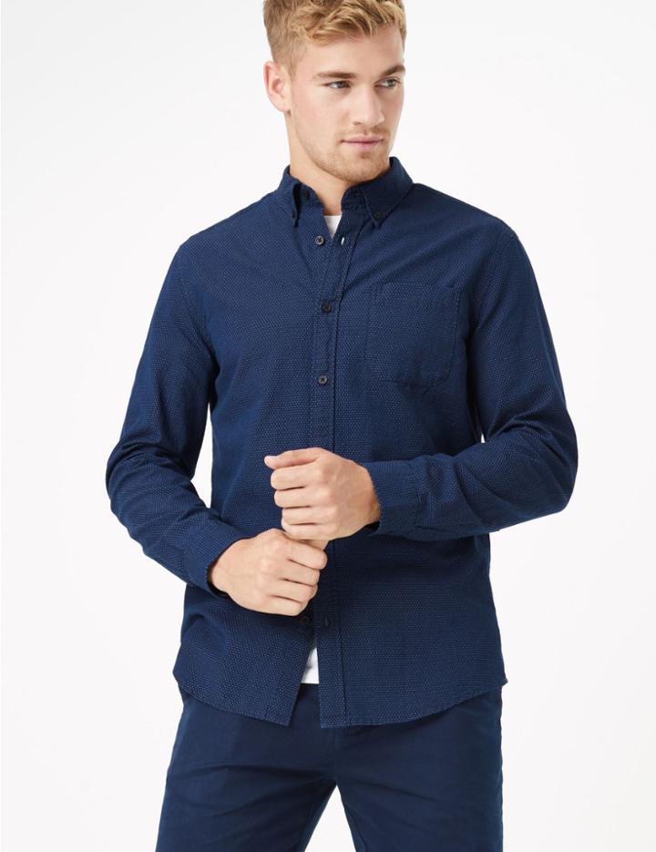 Marks & Spencer Pure Cotton Regular Fit Textured Shirt Indigo