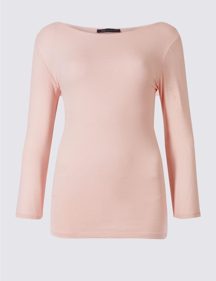 Marks & Spencer Cotton Rich Slash Neck 3/4 Sleeve T-shirt Sorbet