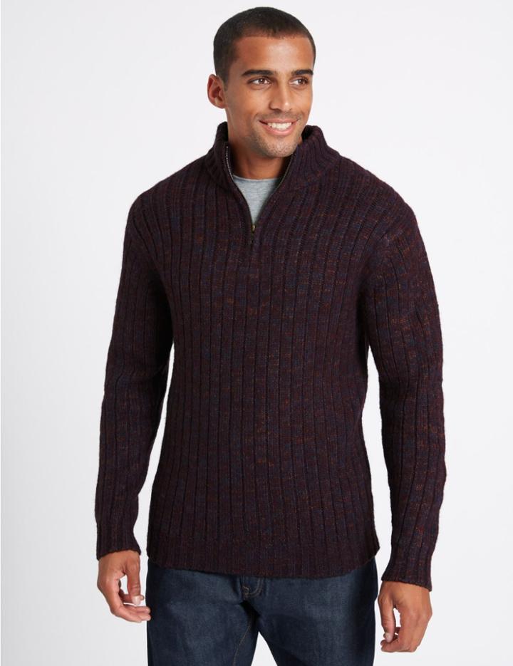 Marks & Spencer Textured Half Zipped Jumper Burgundy