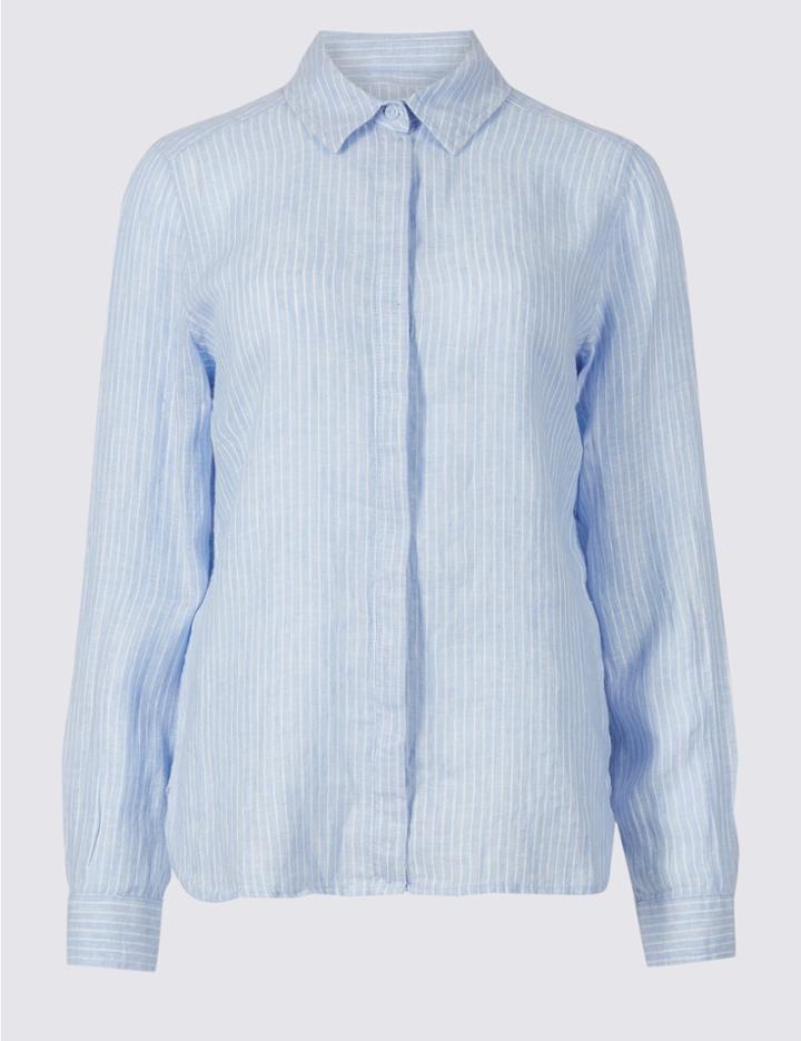 Marks & Spencer Petite Pure Linen Striped Long Sleeve Shirt Blue Mix