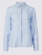 Marks & Spencer Petite Pure Linen Striped Long Sleeve Shirt Blue Mix