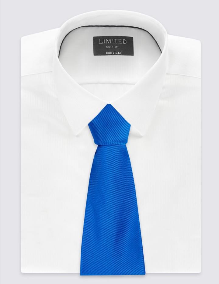 Marks & Spencer Pure Silk Satin Twill Textured Tie Royal Blue