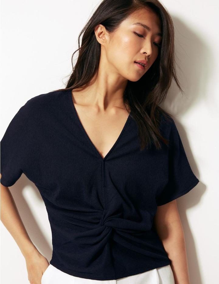 Marks & Spencer Textured V-neck Twist Front Top Navy