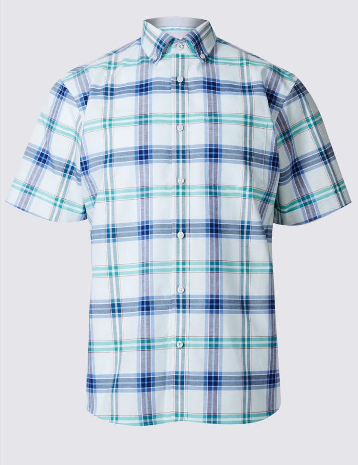 Marks & Spencer Pure Cotton Checked Shirt With Pocket Light Aqua