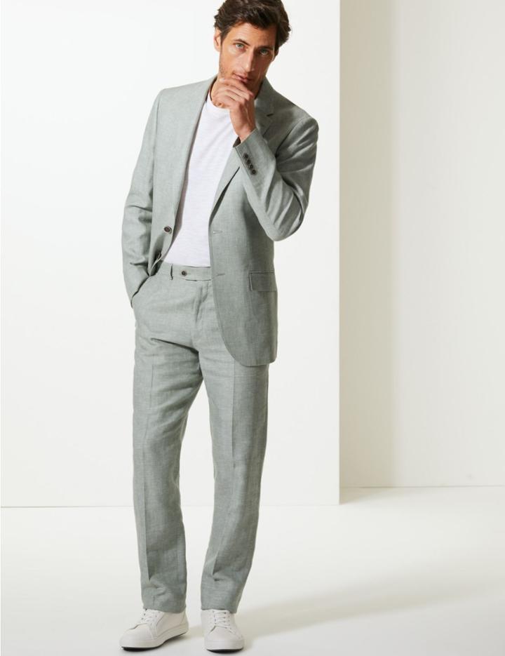 Marks & Spencer Tailored Fit Linen Miracle Trousers Green