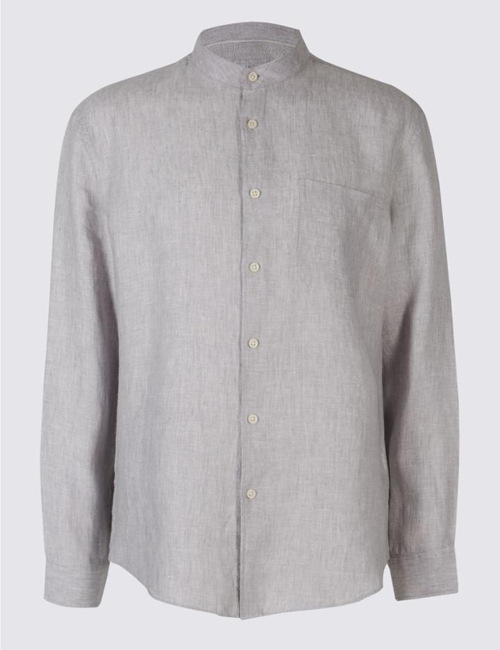 Marks & Spencer Easy To Iron Pure Linen Shirt With Pocket Light Grey