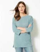 Marks & Spencer Ribbed Slash Neck Open Knit 3/4 Sleeve Tunic Blue/green