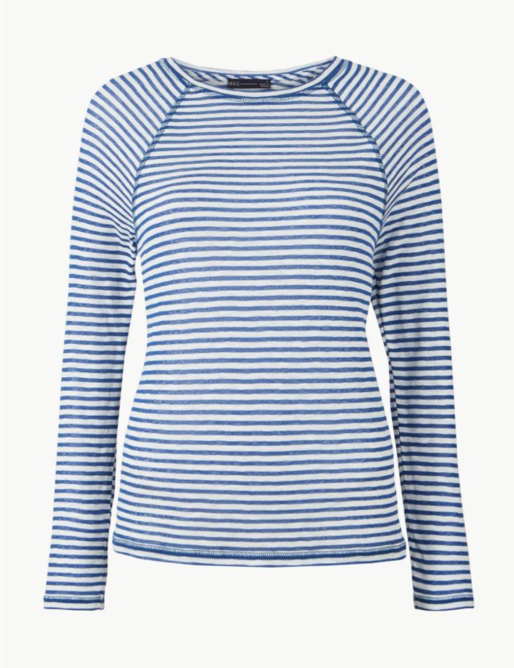 Marks & Spencer Striped Round Neck Long Sleeve Top Blue Mix
