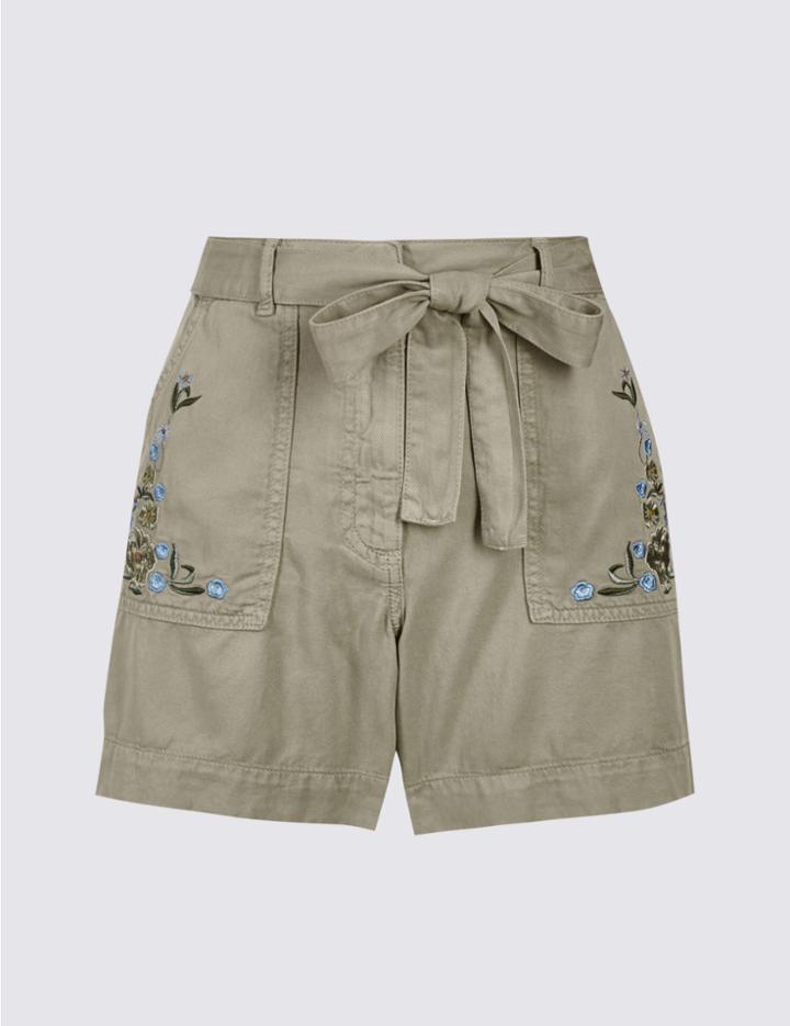 Marks & Spencer Cotton Blend Embroidered Shorts Grey Mix
